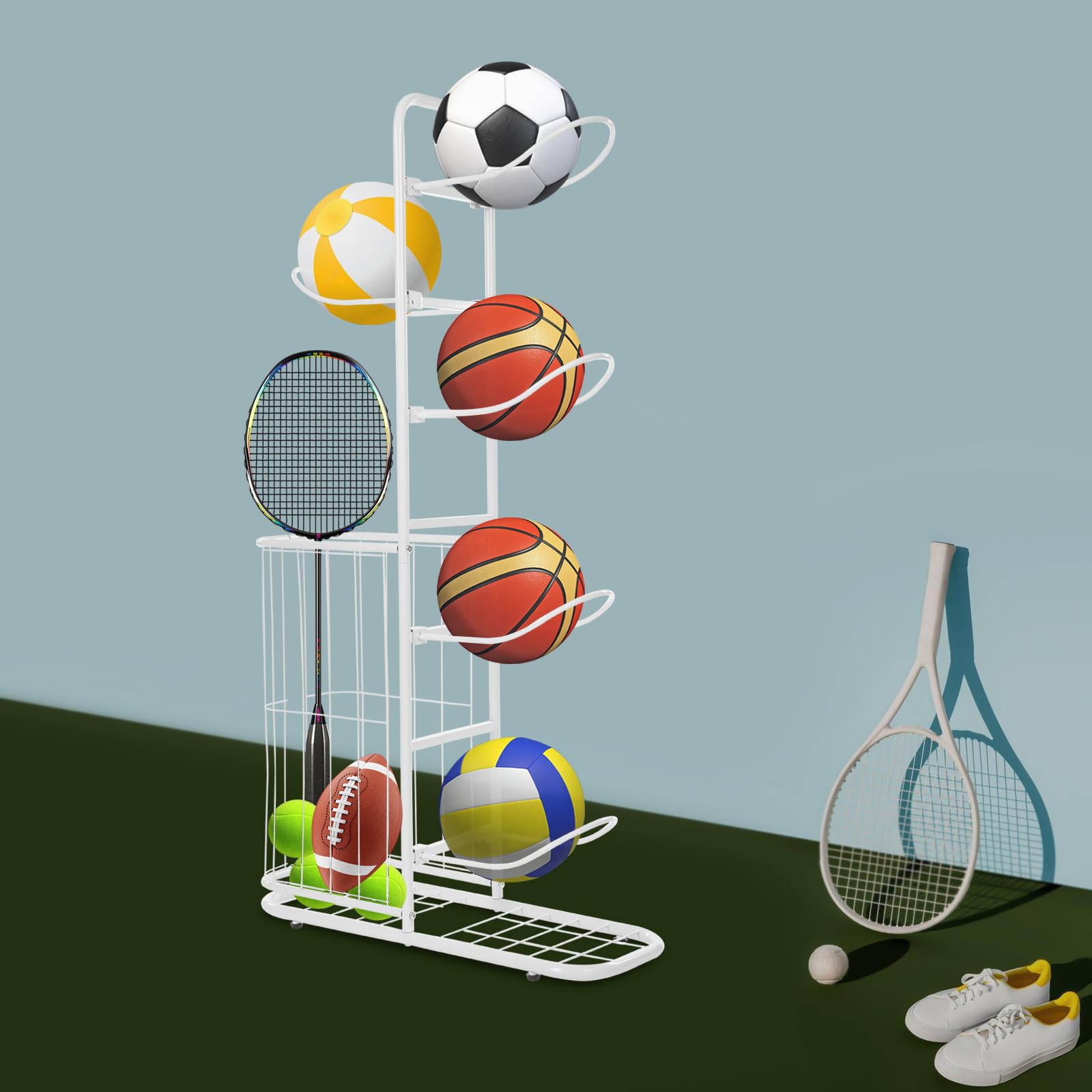 Soporte para pelotas de baloncesto de 5 niveles, con cesta de red y esquinas redondeadas, soporte extraíble para balones, equipos deportivos, voleibol, fútbol, pantalla blanca
