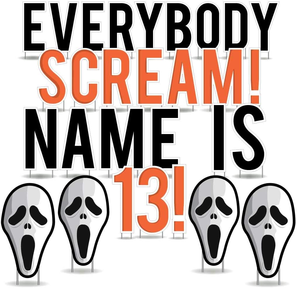 Custom 13th Birthday Yard Decoration - Everybody scream (Custom Name) Is 13 Letters Lawn Display, Includes Stakes (Orange)