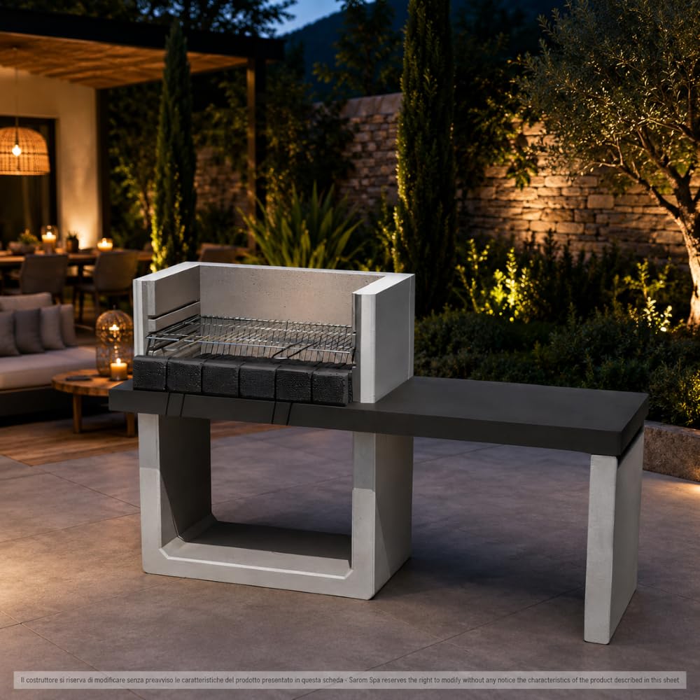 SAROM Porto New, Barbecue in Calcestruzzo Alleggerito con Tavolo Laterale Integrato, Griglia Cromata 67x40 cm, 3 Altezze Regolabili, Safe Grill, 160x51,5x96,8 cm, 259 kg