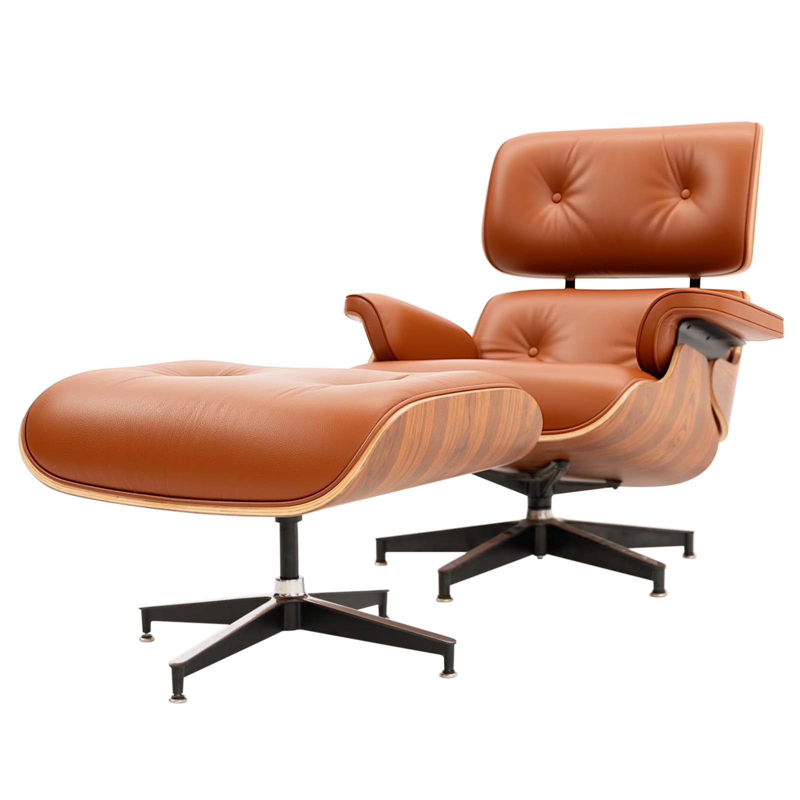 Top Grain Leather, Mid Century Chaise Lounge Chair and Ottoman, Modern Chair Classic Design, Heavy Duty Base Support for Living Room Study Lounge Office, Palisander-Brown, Heightening