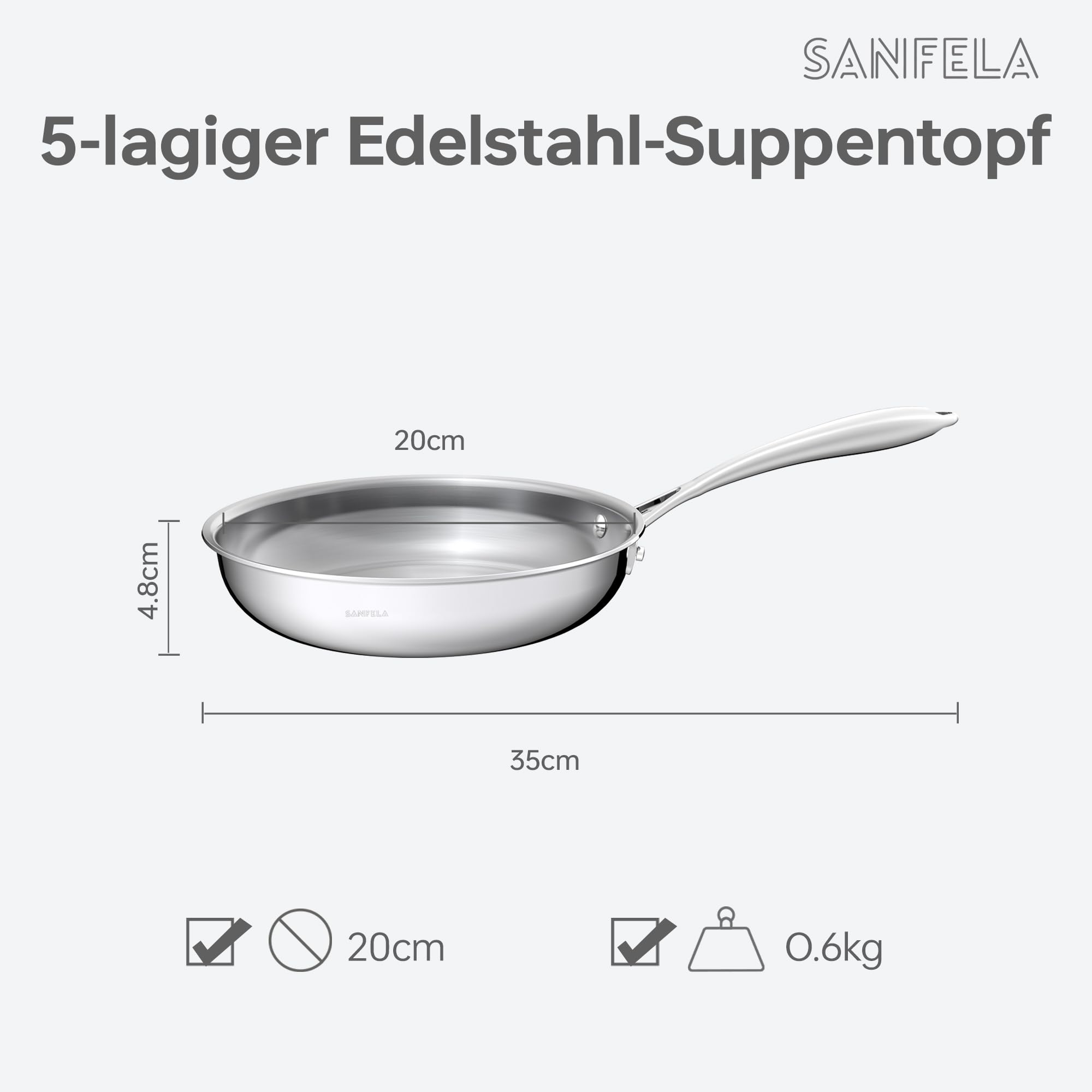 3-teiliges 20/24 / 28 cm Edelstahl-Bratpfannenset | 5-lagige Edelstahlpfanne, spülmaschinen- und ofenfest, Induktionspfanne, Frei von PTFE, PFAS und PFOA