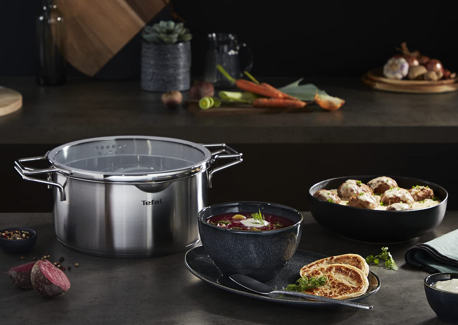 Tefal Nordica H852S655 Kochtopf, 6-teilig, 18/20/24 cm, Edelstahl + Glasdeckel, Ausgießer, einfaches Abgießen, Induktion