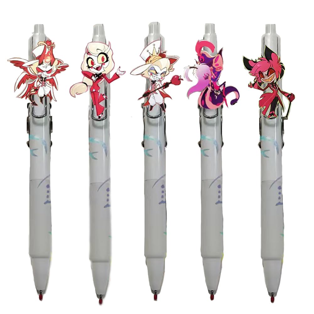 Zhongkaihua Hazbin Hotel Merch Pens 5pcs Anime Hazbin Hotel Pen Stationery Pen Push Action Unisex Pens Black 0.5MM Student School Supplies for Boys Girls