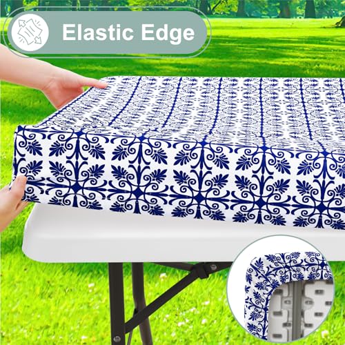 Image of misaya Picnic Table Cover with Bench Cover, Waterproof Elastic Fitted Tablecloth for 5 Foot Tables, Rectangle Washable Polyester Tablecloths for Picnic, Camping, Outdoor (Navy, 30 inch x 60 inch)