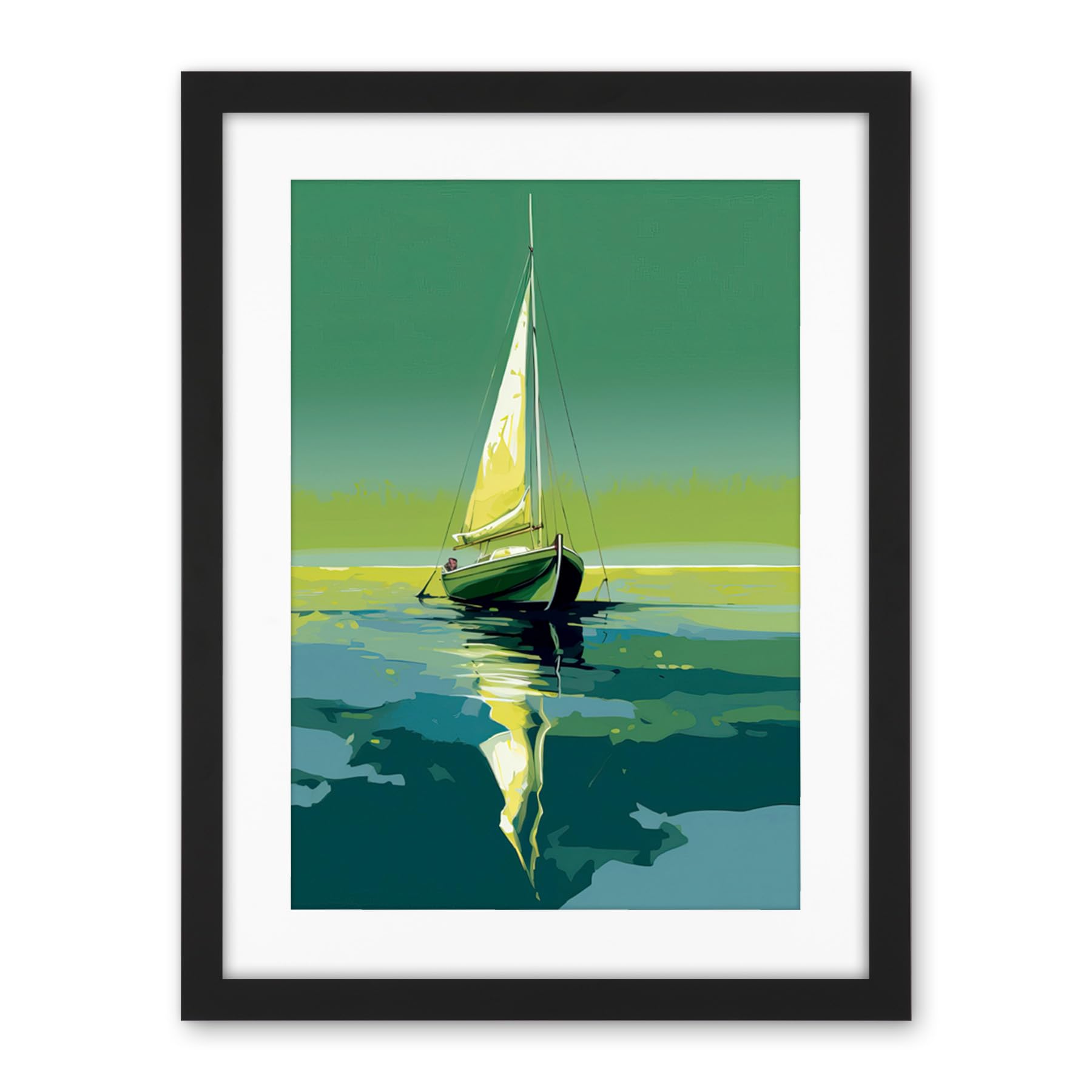 Artery8 A Sailboat on a Calm Sea Under a Cloudless Sky Artwork Framed Wall Art Print 18X24 Inch