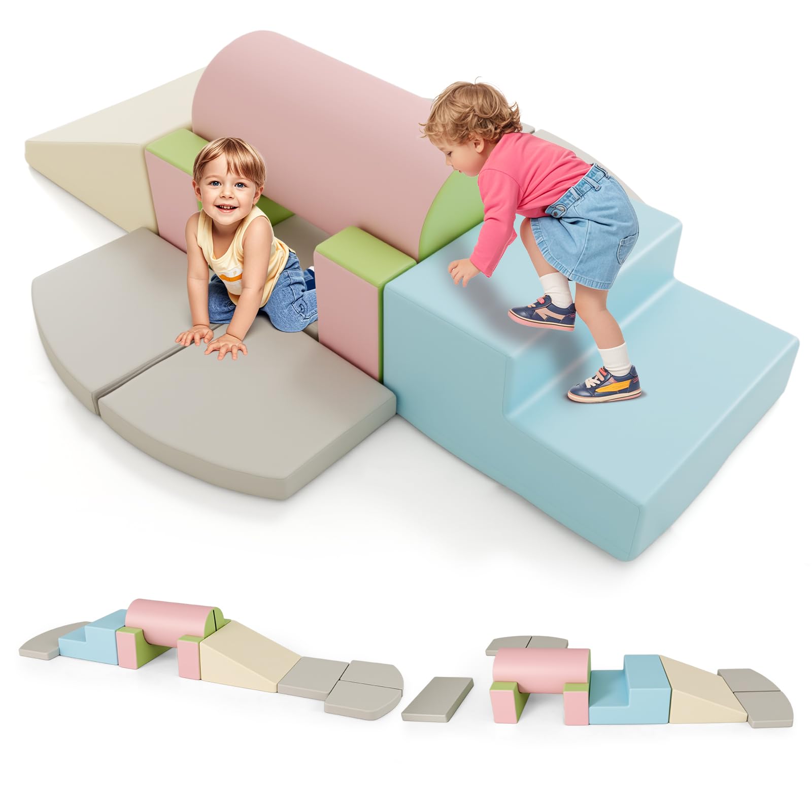 COSTWAY Toddler Climb and Crawl Foam Play Set, 10 Piece Educational Soft Climbing Blocks, Baby Soft Play Equipment for Climbing, Sliding, Crawling (Grey+Pink)