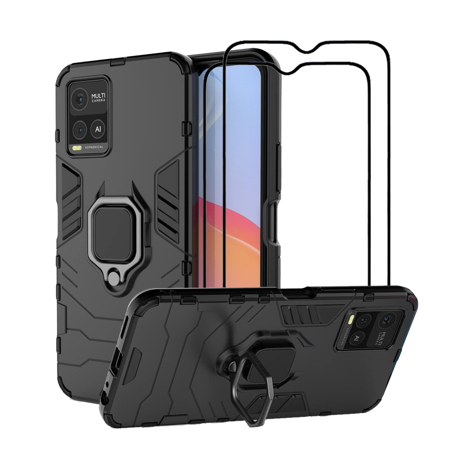 EasyLifeGo Kickstand Case with Tempered Glass Screen Protector for Vivo Y21 / Vivo Y21s / Vivo Y33s, Black, 2 Pieces