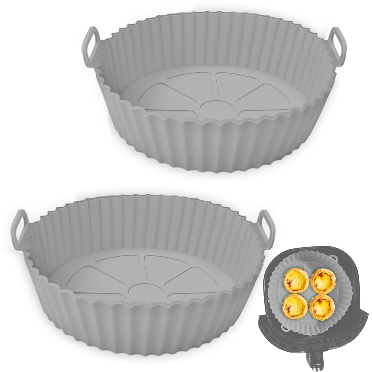LIJIE 2 Pack Air Fryer Liners I Round Silicone Basket Baking Tray I Pot with Ear Handles I Nonstick Reusable Heat Resistant I Cooking Oven Insert Accessories | Grey Colour
