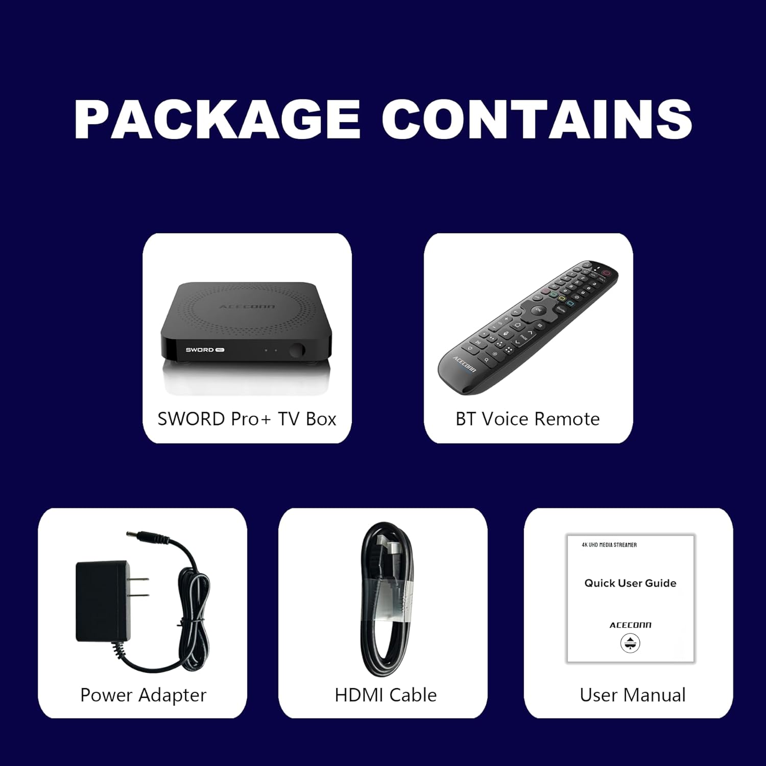Image showing the contents of the ACECONN Sword Pro+ package: TV box, remote control, HDMI cable, power adapter, and user manual.
