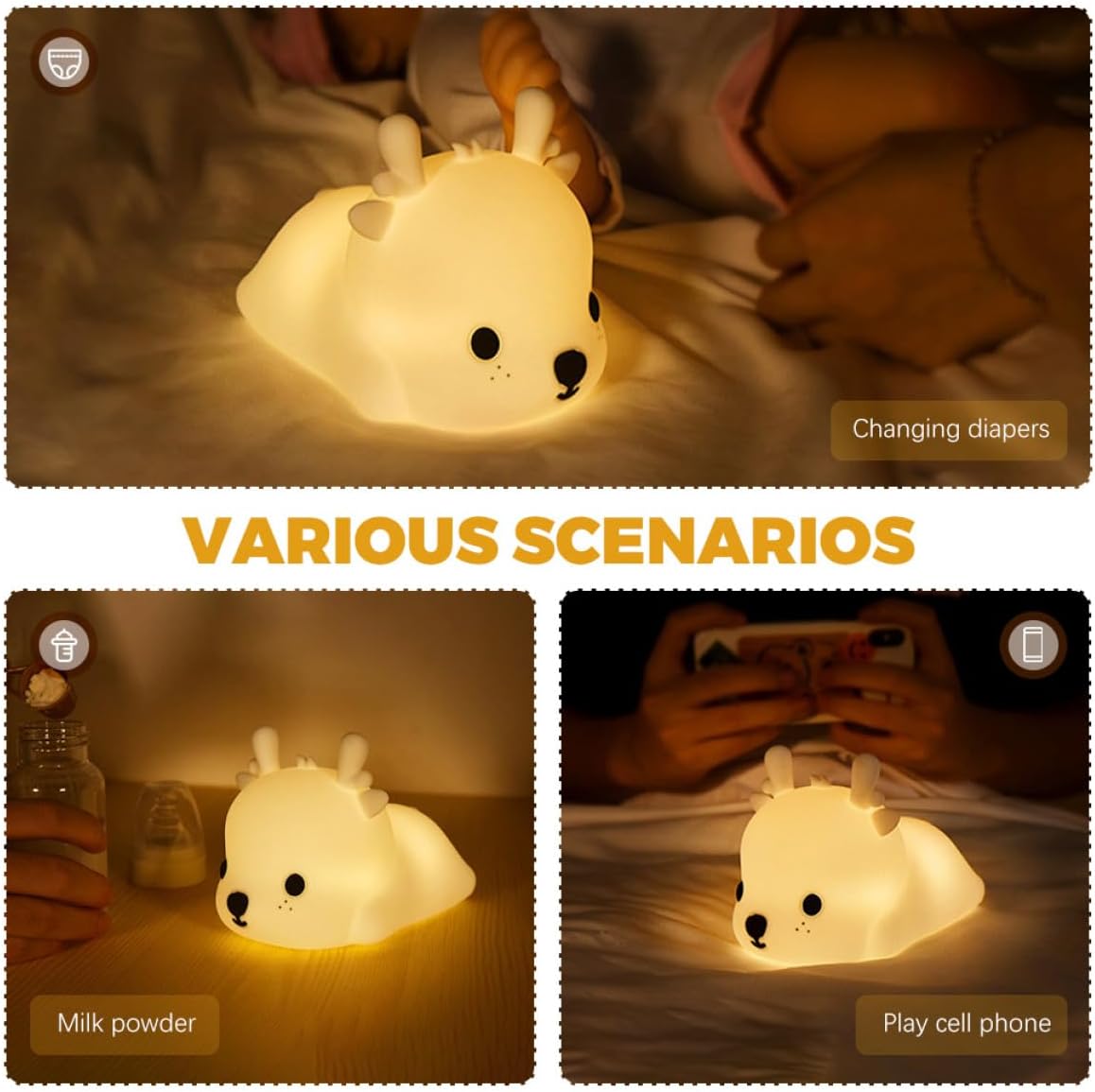 Mikinona Colorful Silicone Deerlet Night Light USB Rechargeable Cute Bedroom Bedside Lamp Touch Control Decorative Sleeping Atmosphere Lamp for Nursery