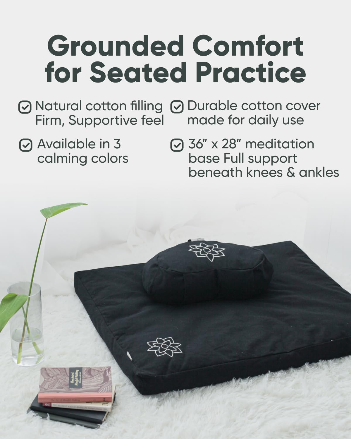 Mindful & Modern Zabuton Tapis de méditation – Coussin de yoga et de méditation rempli de coton – Coussin de méditation Zabuton pour soutien à genoux et assise – Grand coussin rectangulaire pour banc
