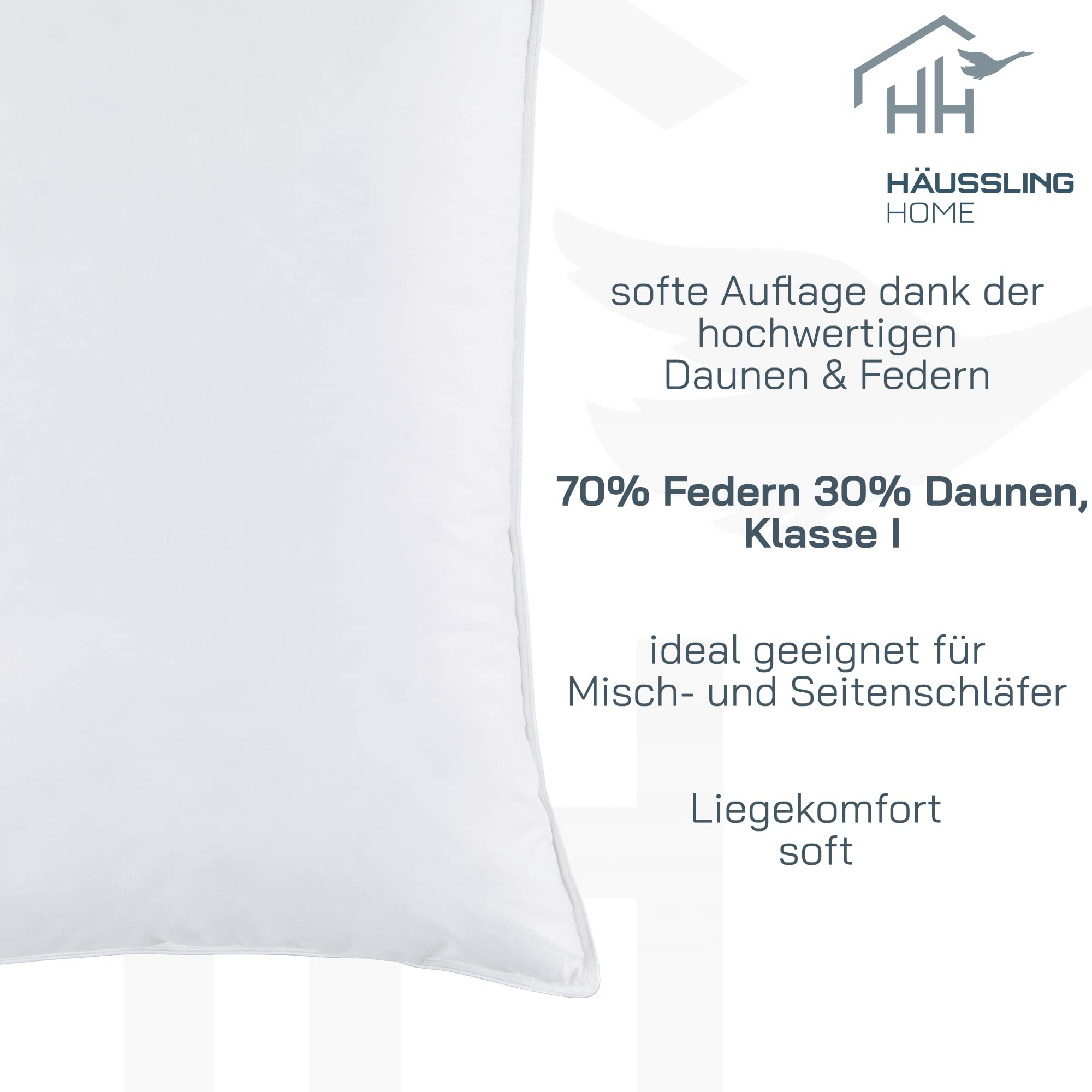 Häussling Home Kopfkissen 80x80 cm | Federn- und Daunenkissen, Kissen, Made in Germany, 30% Daunen, auch für Allergiker geeignet, 100% Baumwolle, Füllung 900 g, Weiß