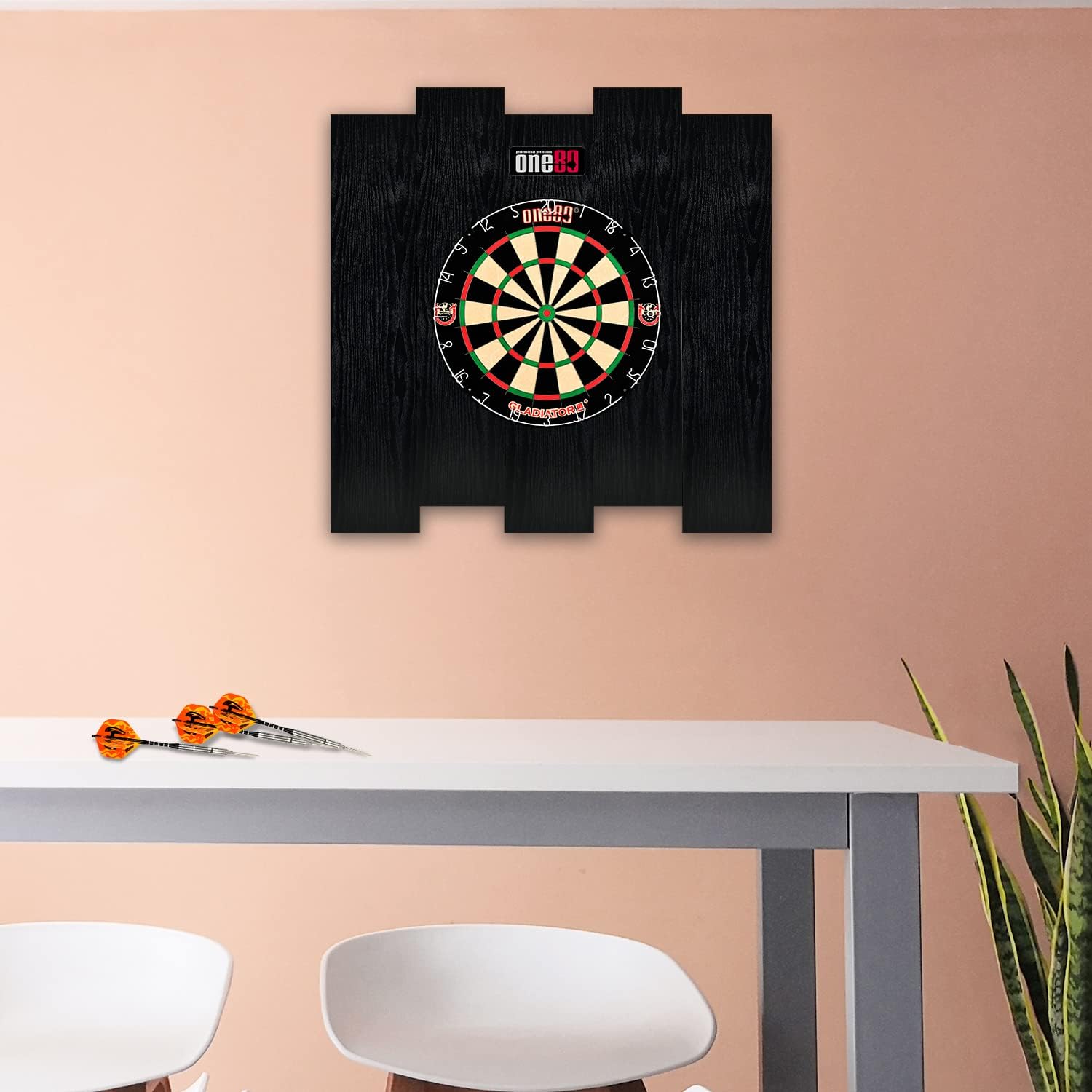 ONE80 Knock-down Dartboard Backboard for A Large Area of Wall Protection Free Combination for Various Set-up Options Wooden Backboard with Black Veins Mounting Kits and Instructions Included Dartboard
