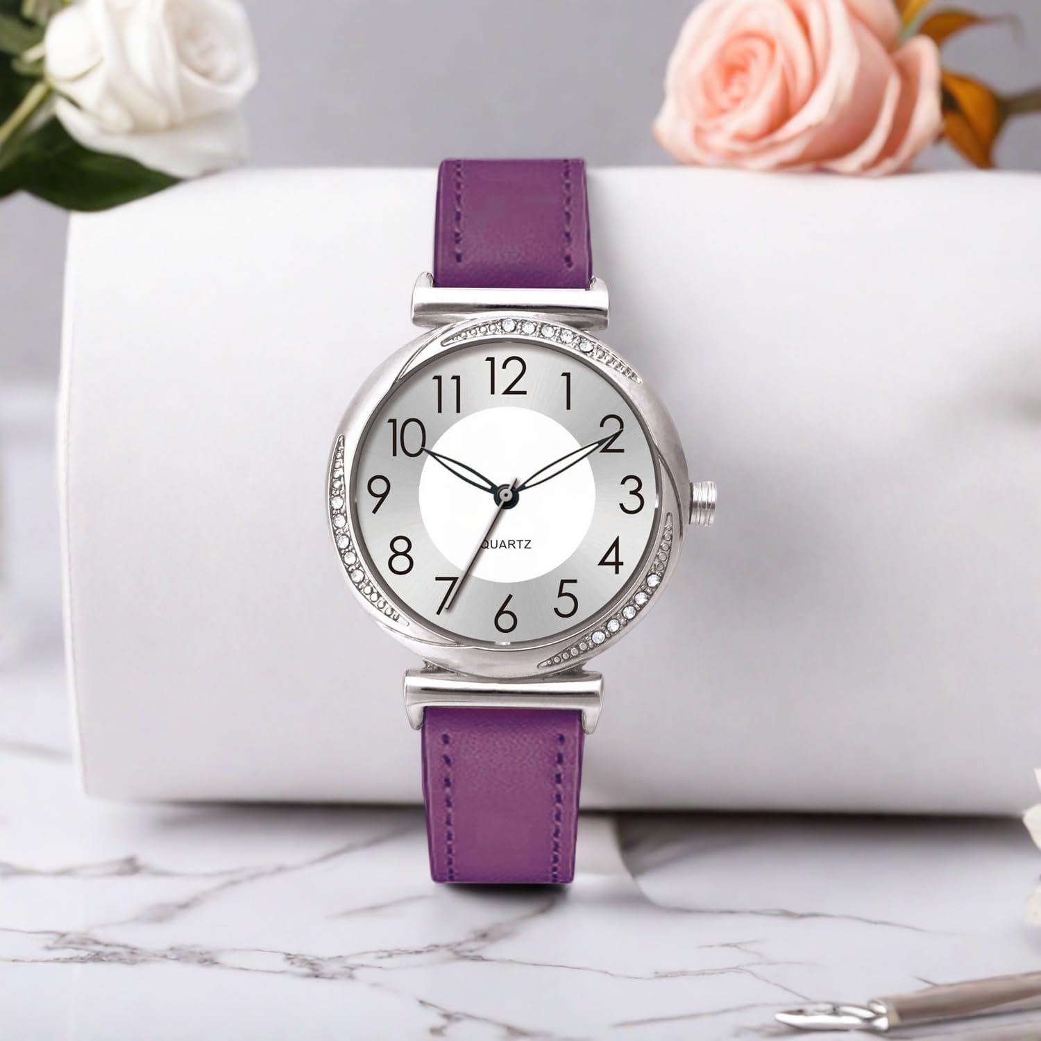 NUOVO Women's Watch Ladies Quartz Watch with Crystal Accents Purple Leather Band Silver Dial - Image 3