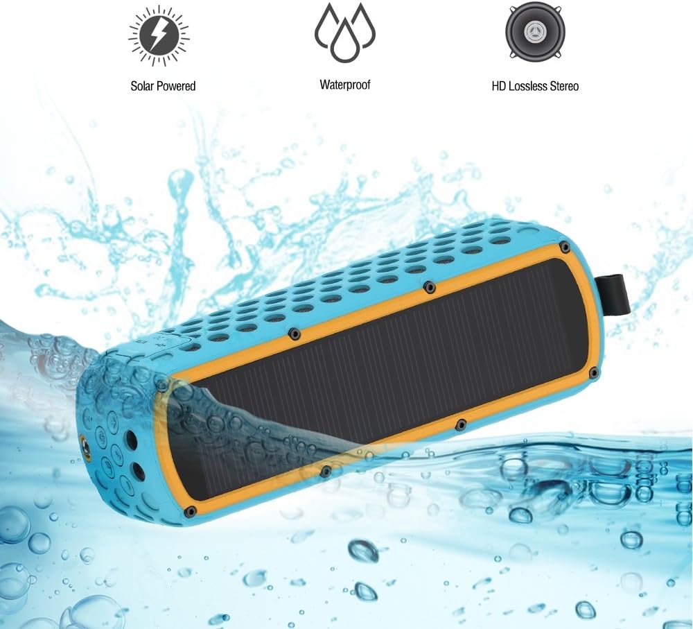 Lanmey Solar-powered Portable Wireless Bluetooth Speaker, High-Definition Sound & Superior bass, Shockproof Waterproof Silicone case for Outdoor Activity, 30 Hour Playtime, Built-in Microphone(Blue)