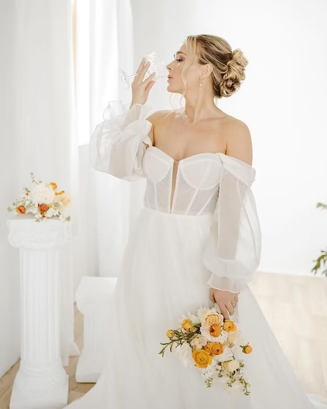 Puffy Sleeves Long Wedding Dresses for Bride Detachable Prom Dress with Sleeves Tulle Summer Beach Dress with Slit