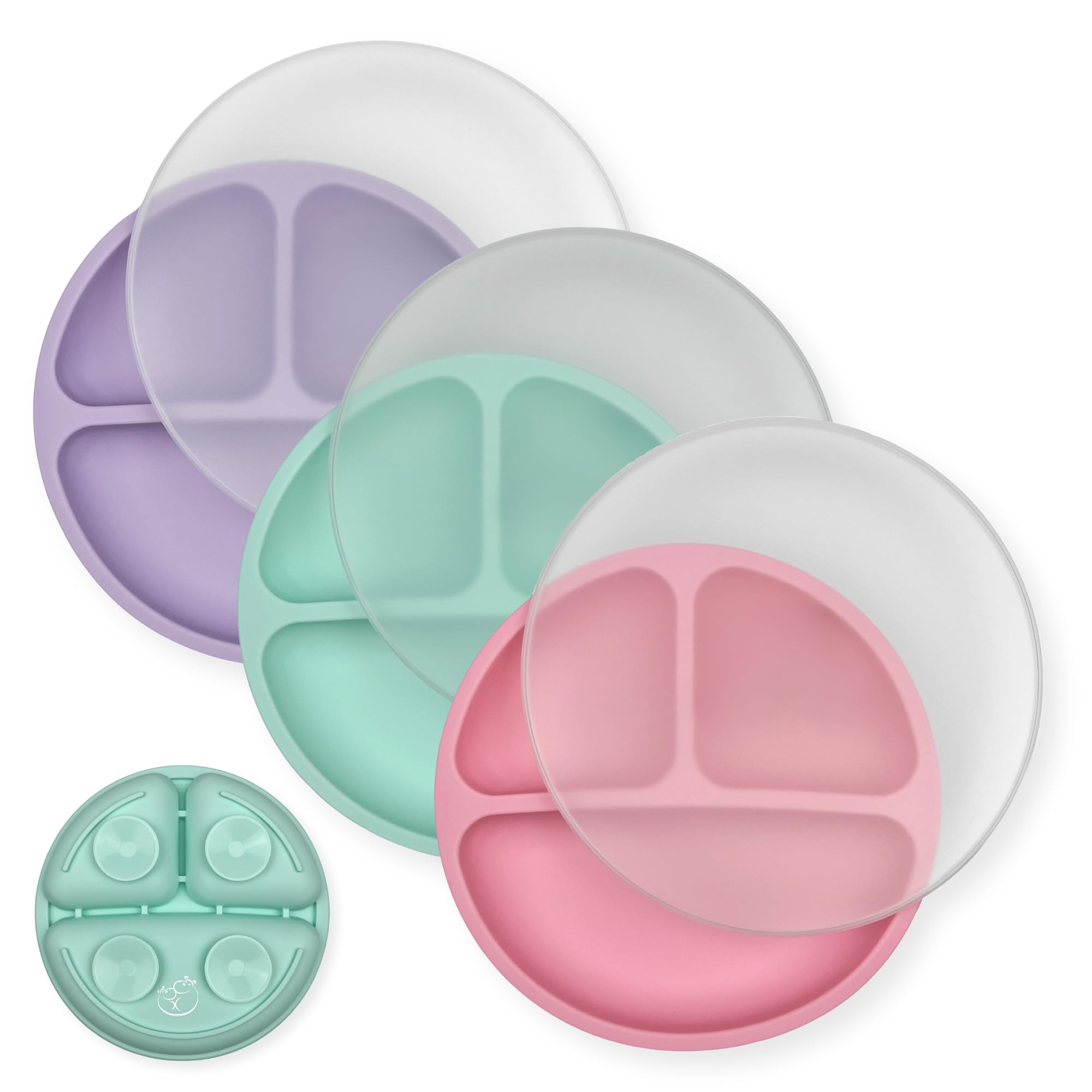 Hippypotamus Toddler Plates - Suction Plates with Lids for Baby - 100% Food-Grade Silicone - BPA Free - Dishwasher Safe - Set of 3 (Pink/Mint/Lavender with LIDS)