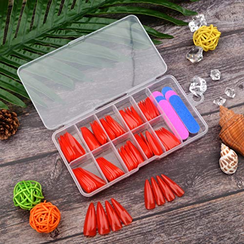 Single Color 100pcs Professional Stiletto Fake Nails Drop Shape Candy Color Ballet Nails Long Acrylic Almond Nail Full Cover Tips 10 Size False Nails With 5 Mini Nail File (Red)