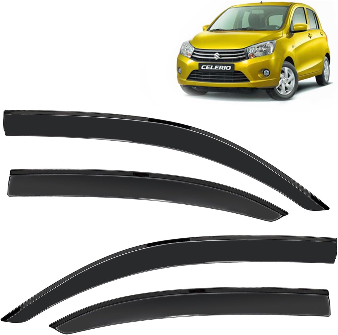 KINGSWAY Accessories Side Window Door Visor Only Compatible with Maruti Suzuki Celerio Year 2014 to 2021 All Model, Premium Range Unbreakable Car Rain Guard Side Rear Wind Deflectors, Set of 4 Pcs