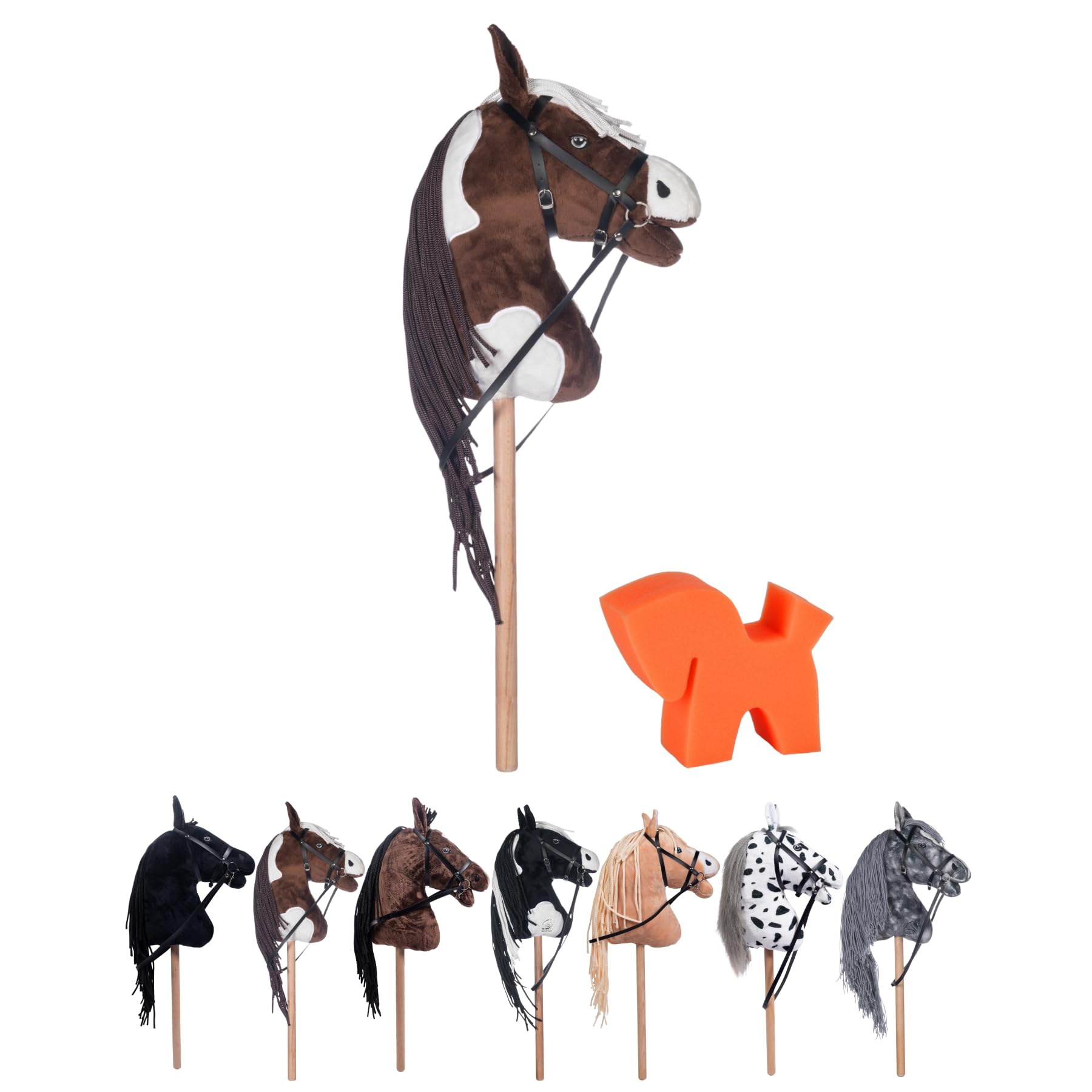 RL24 HKM - Hobby Horse Trixie inkl. Putzschwamm – Steckenpferd mit Trense – Spielpferd aus Plüsch mit Holzstock & Langer Mähne – Stockpferd ohne Griffe & Rollen – braun/weiß