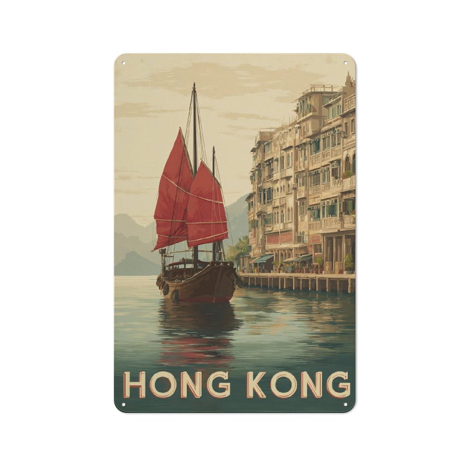 Metal Plaque 30x20cm with Vintage Hong Kong Harbor for Hallway Wall, Retro Decor, for Wall Display Collectors