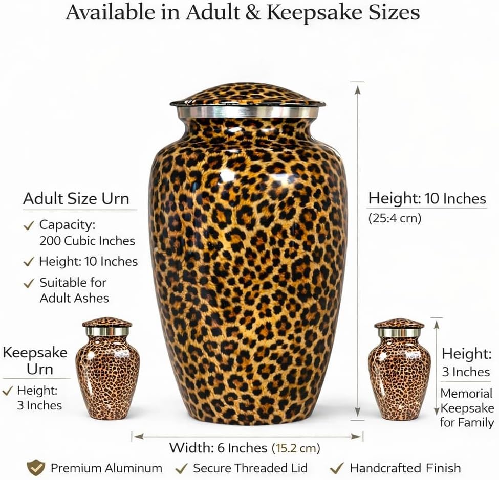 Leopard Print Cremation Urn for Human Ashes Set of 3 – Large Adult Funeral and Memorial Urn with 2 Keepsake Mini Urns – Decorative urn for Burial or Home Display Included Valvet Bag