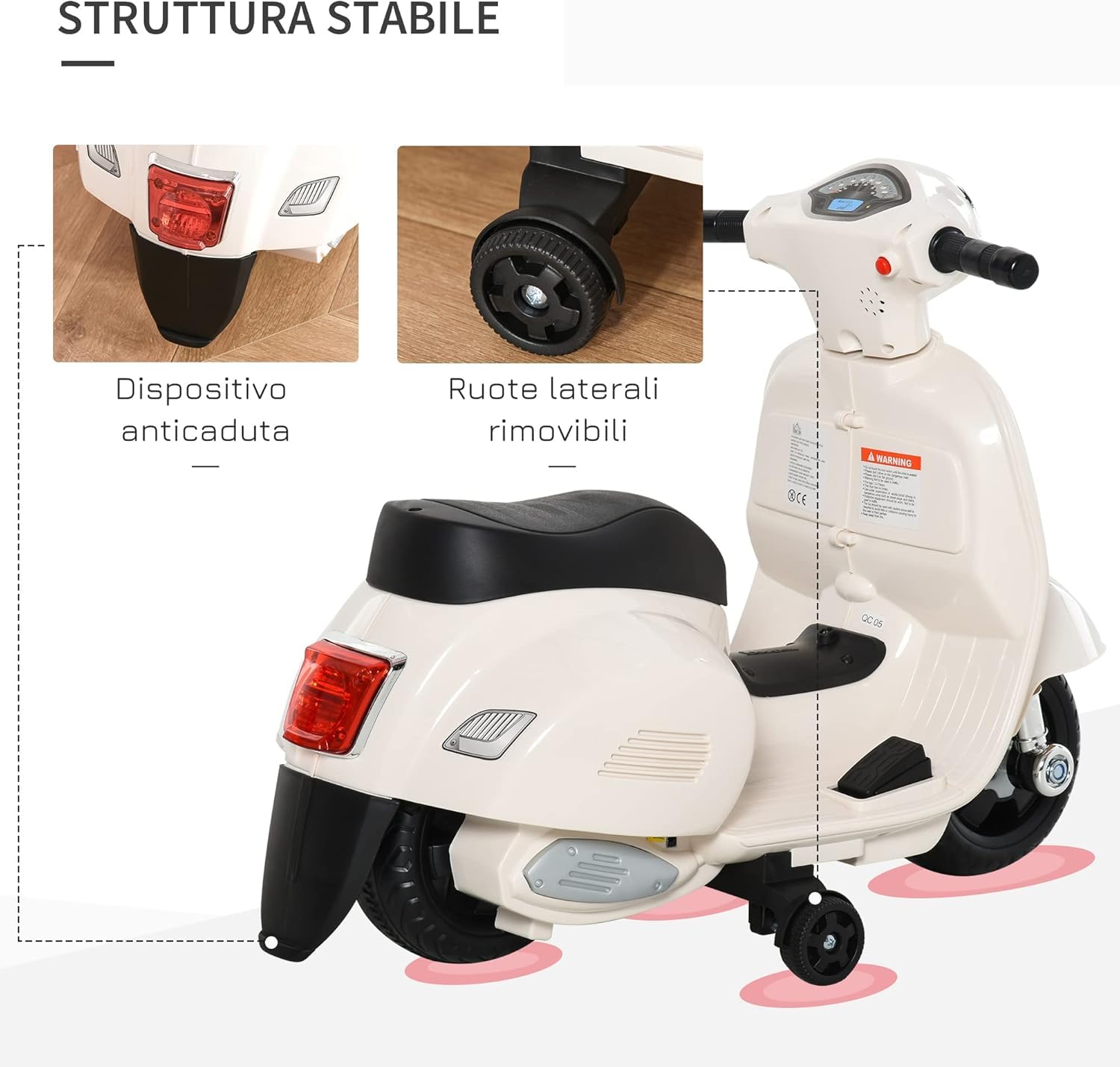 Moto Elettrica per Bambini Vespa Elettrica Per Bambini 1 Anno con Licenza Ufficiale Vespa Batteria 6V, Fari e Clacson, per Bimbi da 18-36 mesi, (Bianco)