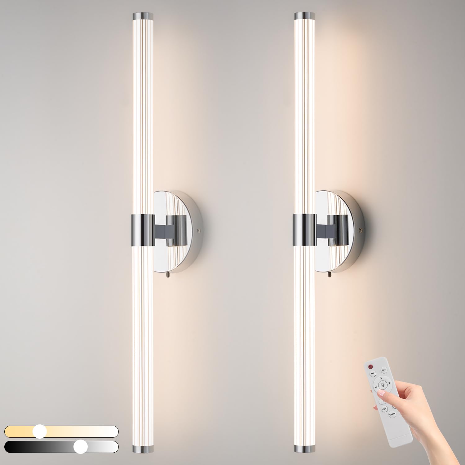 Hardwire Bathroom Vanity Light Fixtures, LED Vanity Light Bar Over Mirror Set of 2 with Remote, Chrome 3000K-6000K & Dimmable Linear Modern Wall Sconce with 360° Full Lighting Acrylic Shade, 24.5 inch