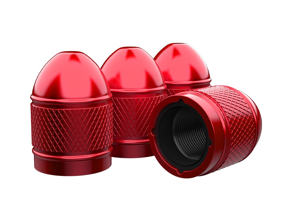 MarCraft Bullet Corrosion Resistant (Red) Aluminium Tyre Wheel Alloy Valve Caps Dust Caps (4 Pack) Universal for Cars, SUVs, Bicycles, Motorcycles, Trucks | Plastic Insert | Screw-On