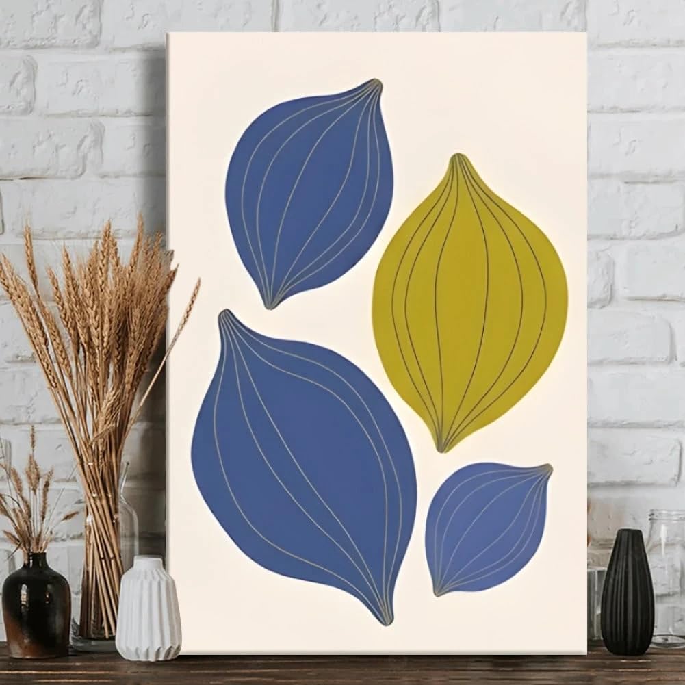 1 cuadro abstracto con formas de hojas en azul y amarillo, ideal para sala de estar (70x120cm/Sin marco).