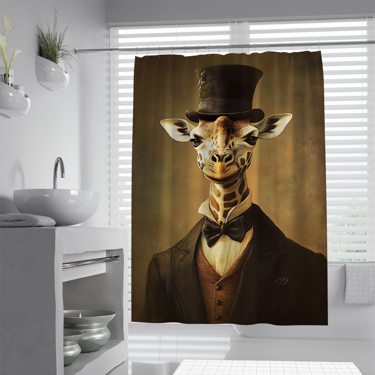 UIRINGART Giraffe Bathroom Screen W120xL180cm Easy Clean Mildew Resistant Gentleman Safari Animal Suit Oil Painting Fabric Shower Curtain With Hooks Washable Liners