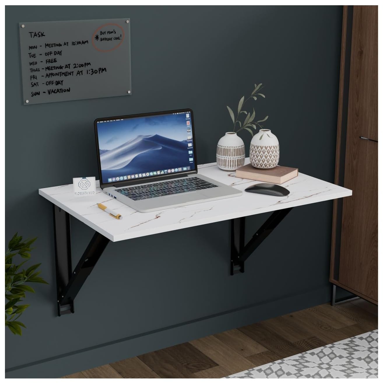 Engineered Wood Wall Mounted Marble Design Study Table for Smart Space | Multipurpose Wall Hanging Dining Table with Foldable Feature for Dining Room | Study Room| Finish Color - White |-image-20