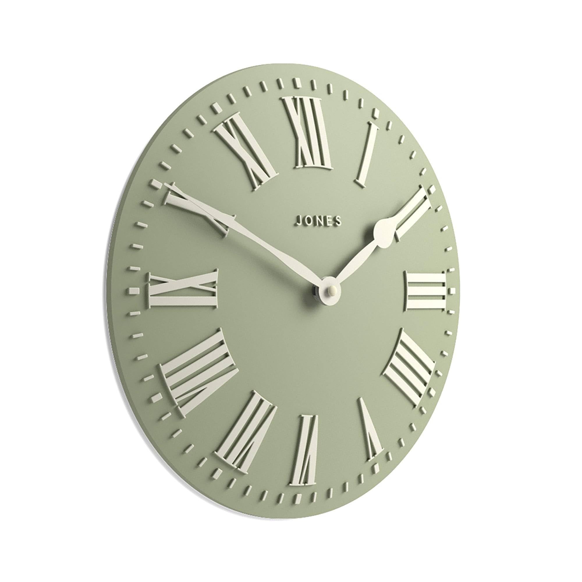 Jones Clocks® Strand wall clock | Modern classic convex clock | 30cm | Pale green | Roman numerals | Ideal for the kitchen, living room, office or bedroom