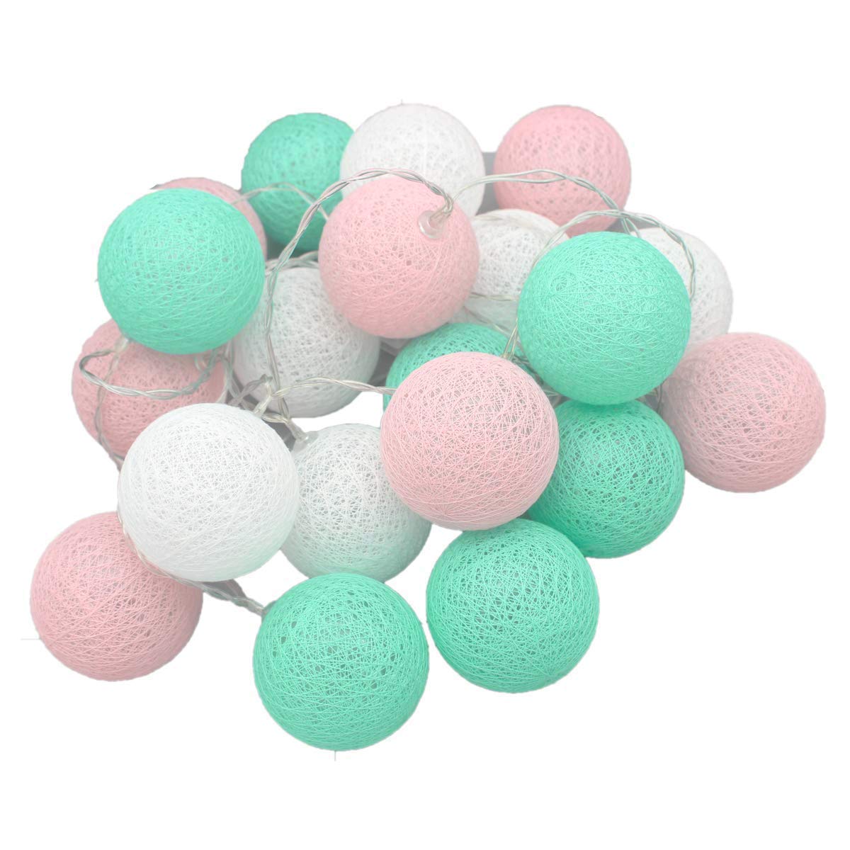 Dreammadestudio Girls Pink 10 Feet Mixed Pastel Mint White Party Fairy Cotton Ball String Light Nursery Children Room Night Light Lamp Lantern Wedding Centerpieces Dessert Table Garden Patio Decor