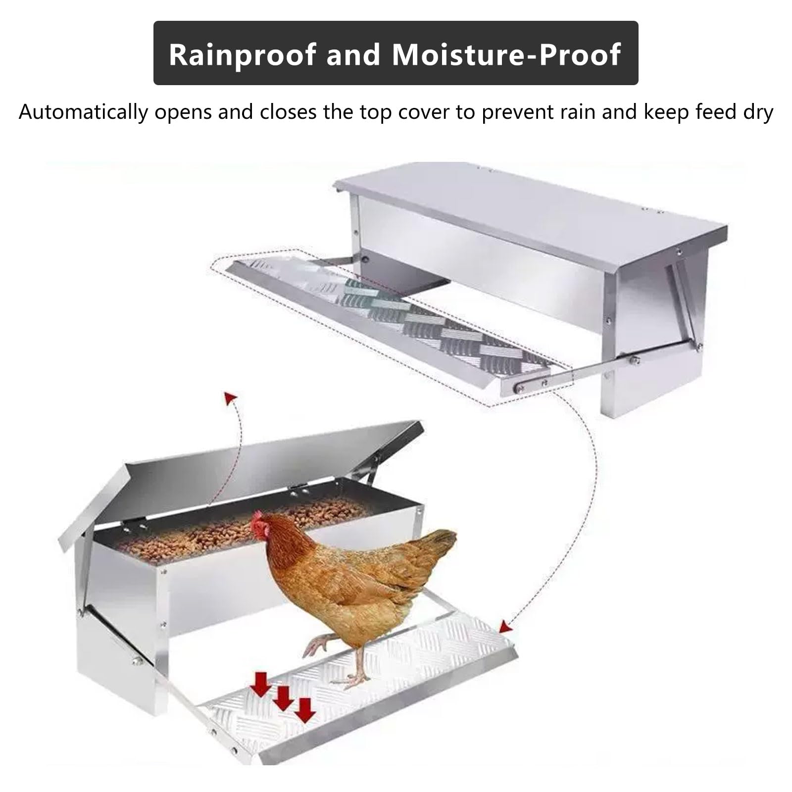 Comedero Automático para Pollos Comedero Galvanizado para Pollos de 4-9 Kg de Capacidad con Pedal y Tapa Resistente a la Intemperie para Aves de Corral, Faisanes y Patos(Size:Large - 82.5x18cm)