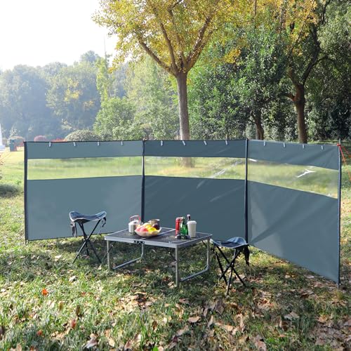REDCAMP Windschutz für Camping, Heavy Duty Strand Sichtschutz mit Sichtfenster Stahlstangen Heringen Seilen, Outdoor Caravan Privacy Shield für Garten BBQ Picknick Lagerfeuer Holzkohlegrills, Grau
