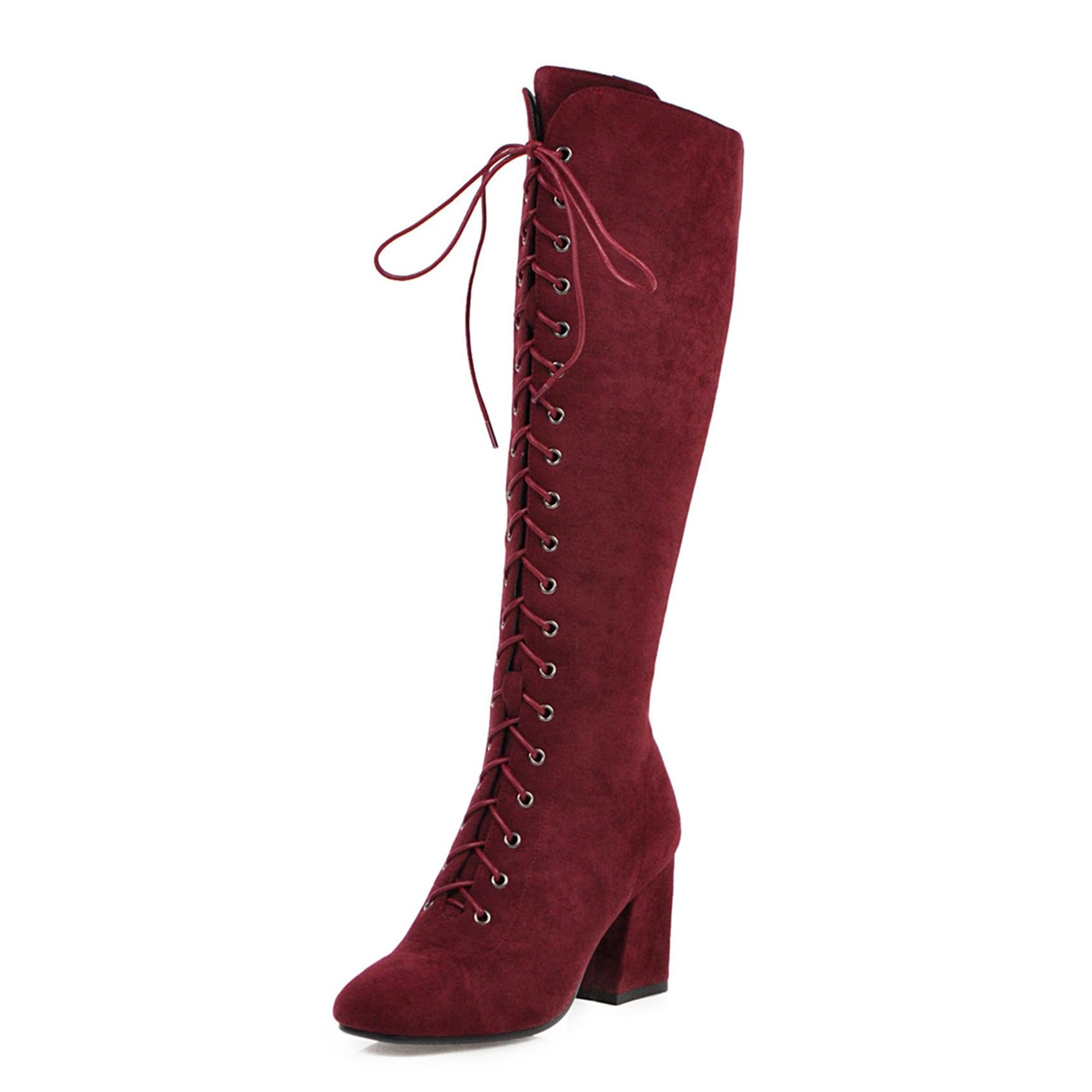 KOKOMOMO Womens Square Toe Chunky Heels Knee High Boots Lace Up High Heeled Combat Boots with Zip
