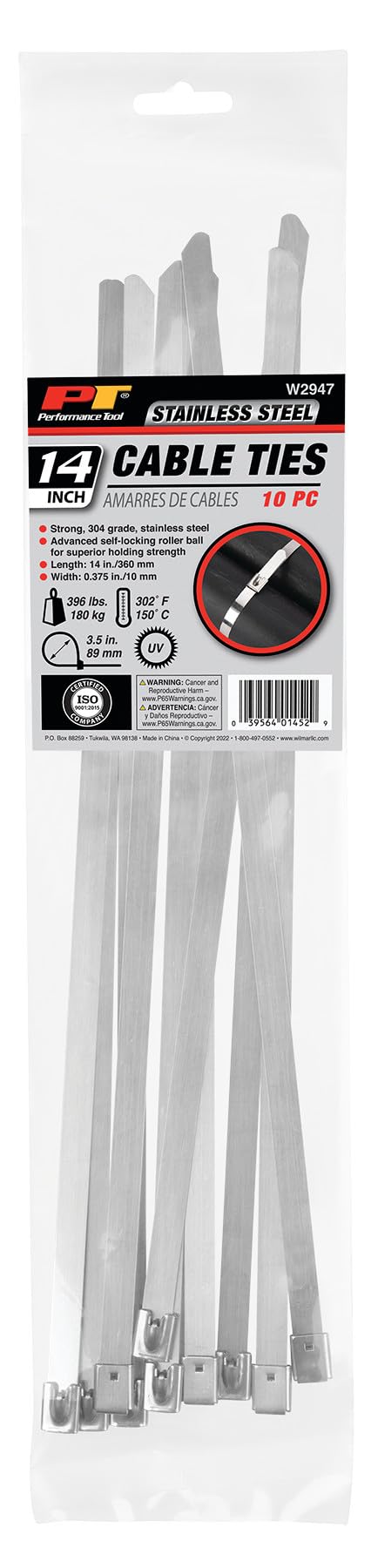 Performance Tool W2947 - Bridas de acero inoxidable de 14 pulgadas, 10 unidades