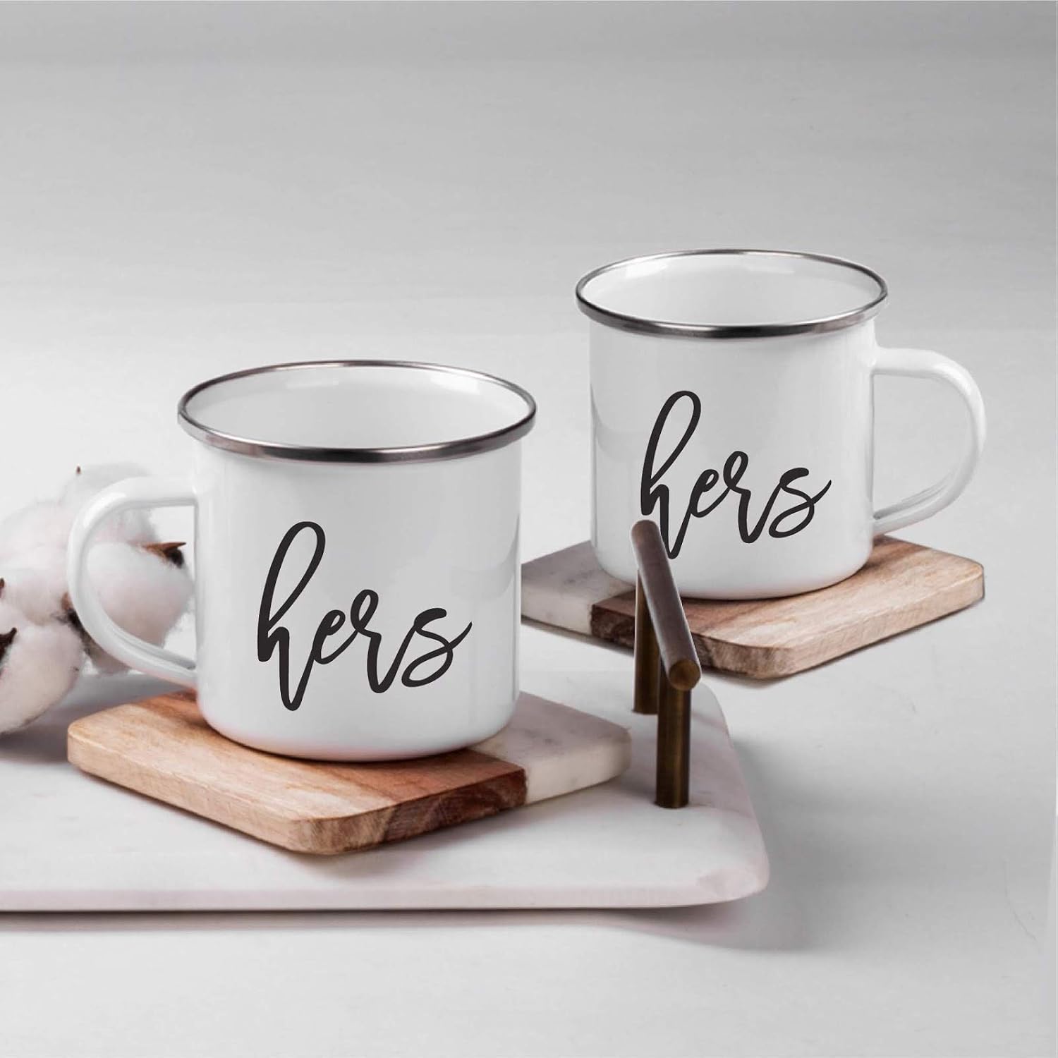 Andaz Press Stainless Steel Campfire Coffee Mugs Gift Set, Hers, Hers, 2-Pack, Metal Enamel Campfire Camp Cup, Includes Gift Box