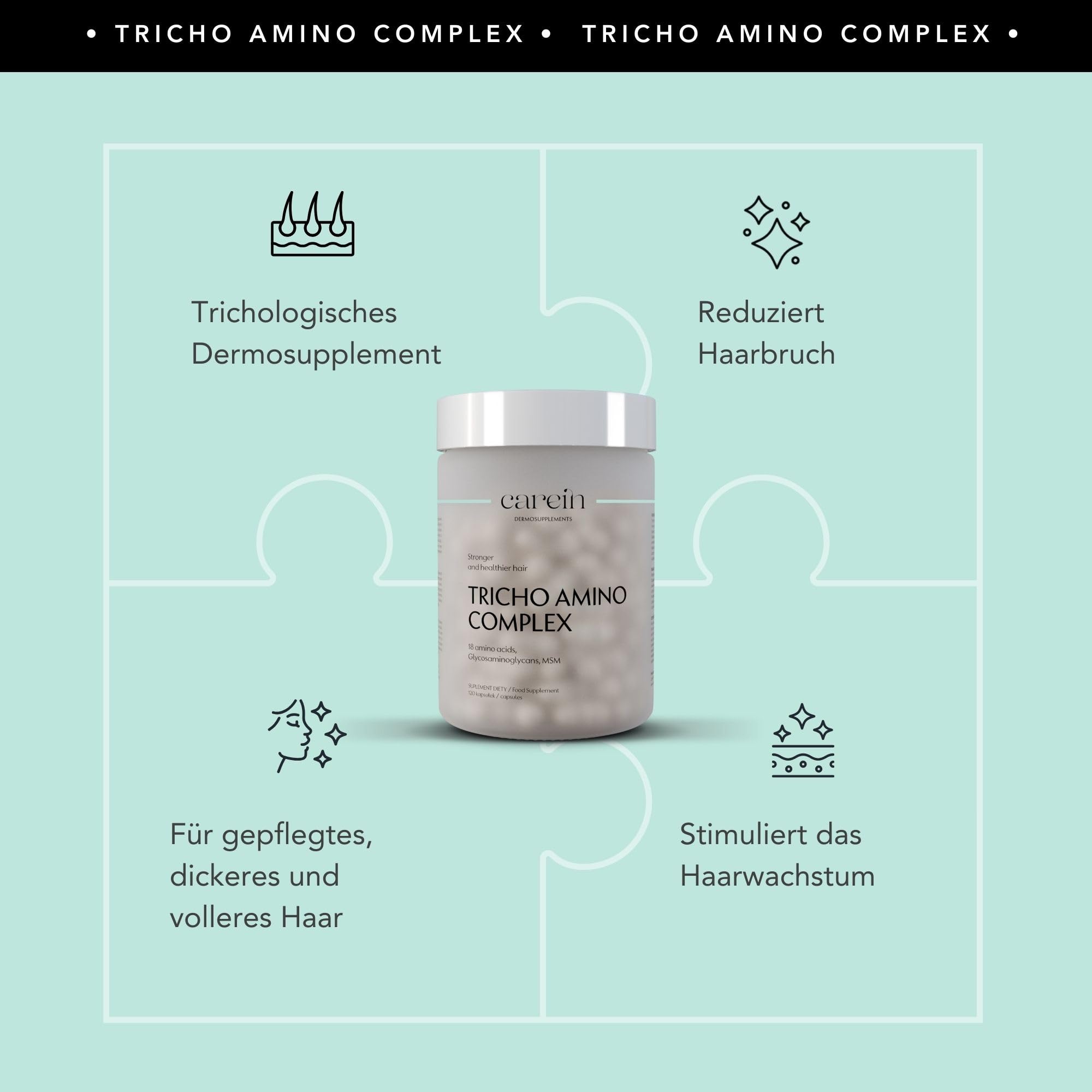 Tricho Amino Complex - Haarwachstum Nahrungsergänzung mit Aminosäuren, MSM & Biotin - Reduziert Haarbruch, Stärkt Haarstruktur - 120 Kapseln,30-Tage-Vorrat - Professionelle Trichologie-Formel - Carein