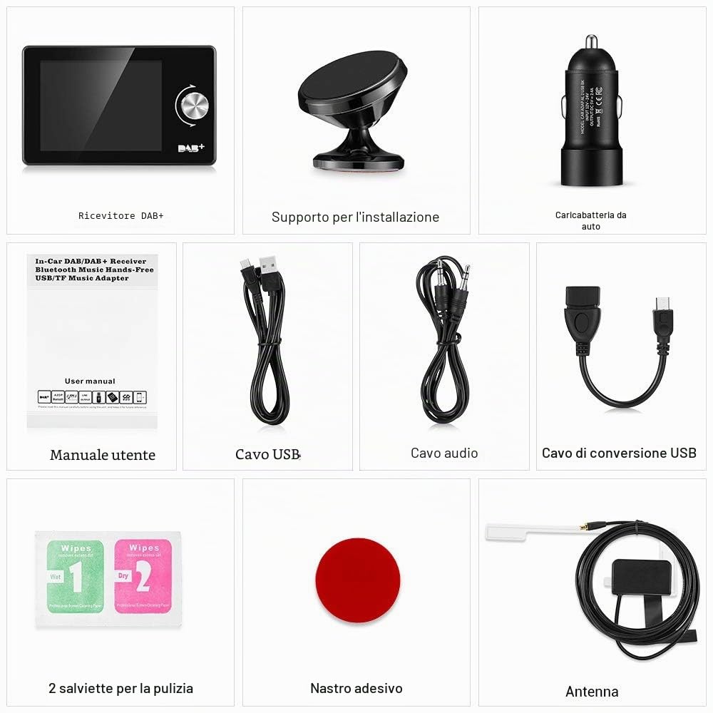 Adattatore Radio DAB 2.8 Pollici con FM Bluetooth e Vivavoce AUX USB TF | Schermo a colori con trasmettitore FM supporto AUX IN OUT e riproduzione da U Disk e TF Card