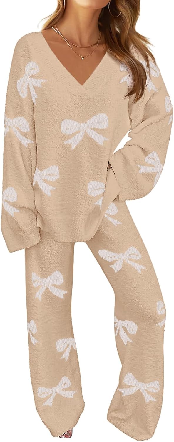 MEROKEETY Women's Lounge Sets 2026 Fall Fashion 2 Piece Outfits Sweater Pajama Set Fuzzy Loungewear Matching Winter Clothes