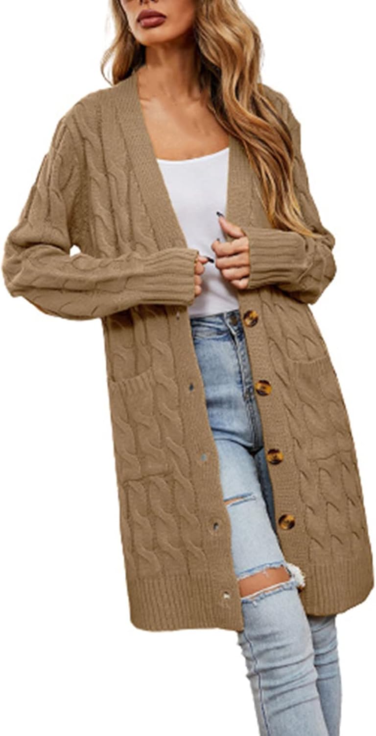 Women's 2022 Long Sleeve Cable Knit Cardigan Oversized Open Front Button Down Chunky Cozy Sweater Coat with Pockets