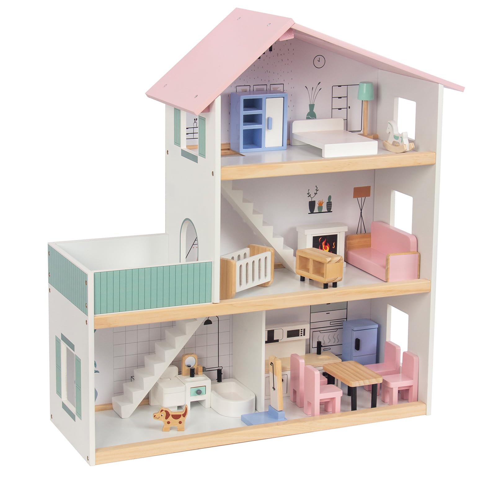 WoodenFun 3-stöckiges Puppenhaus m. Terrasse, Möbel, Pastell für Kinder ab3