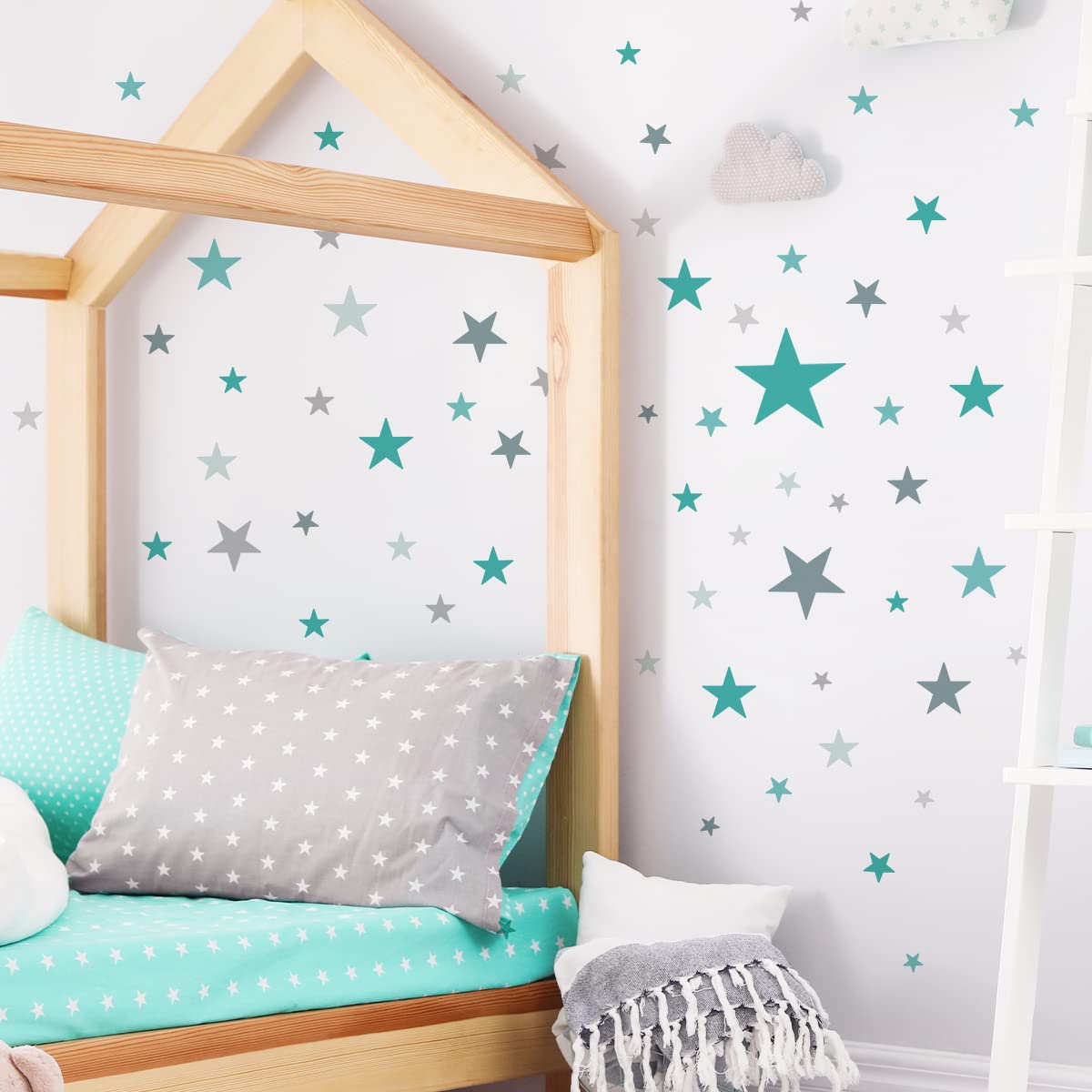 WandSticker4U®- [6 fogli, 148 pezzi] Adesivi murali bellissimicon STELLE verde/turchese pastello, Adesivi stelle cameretta per mobili pareti decorativi I Decorazioni camera da letto bambini neonato