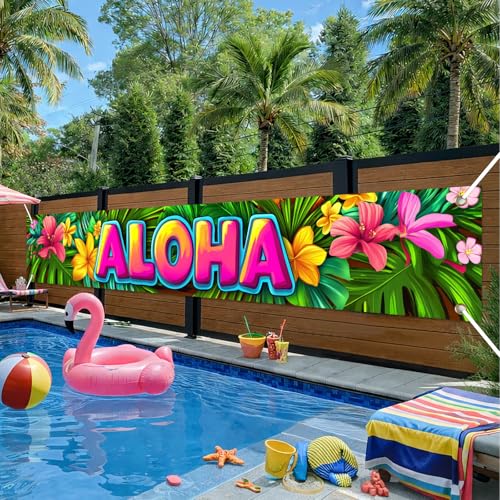 Image of HOMETITUTE Aloha Banner Luau Decorations 118 x 20 Inch Hawaiian Banner Tropical Hello Summer Backdrop Aloha Sign for Pool Party Backyard Summer Beach Tiki Bar Outdoor Photo Booth