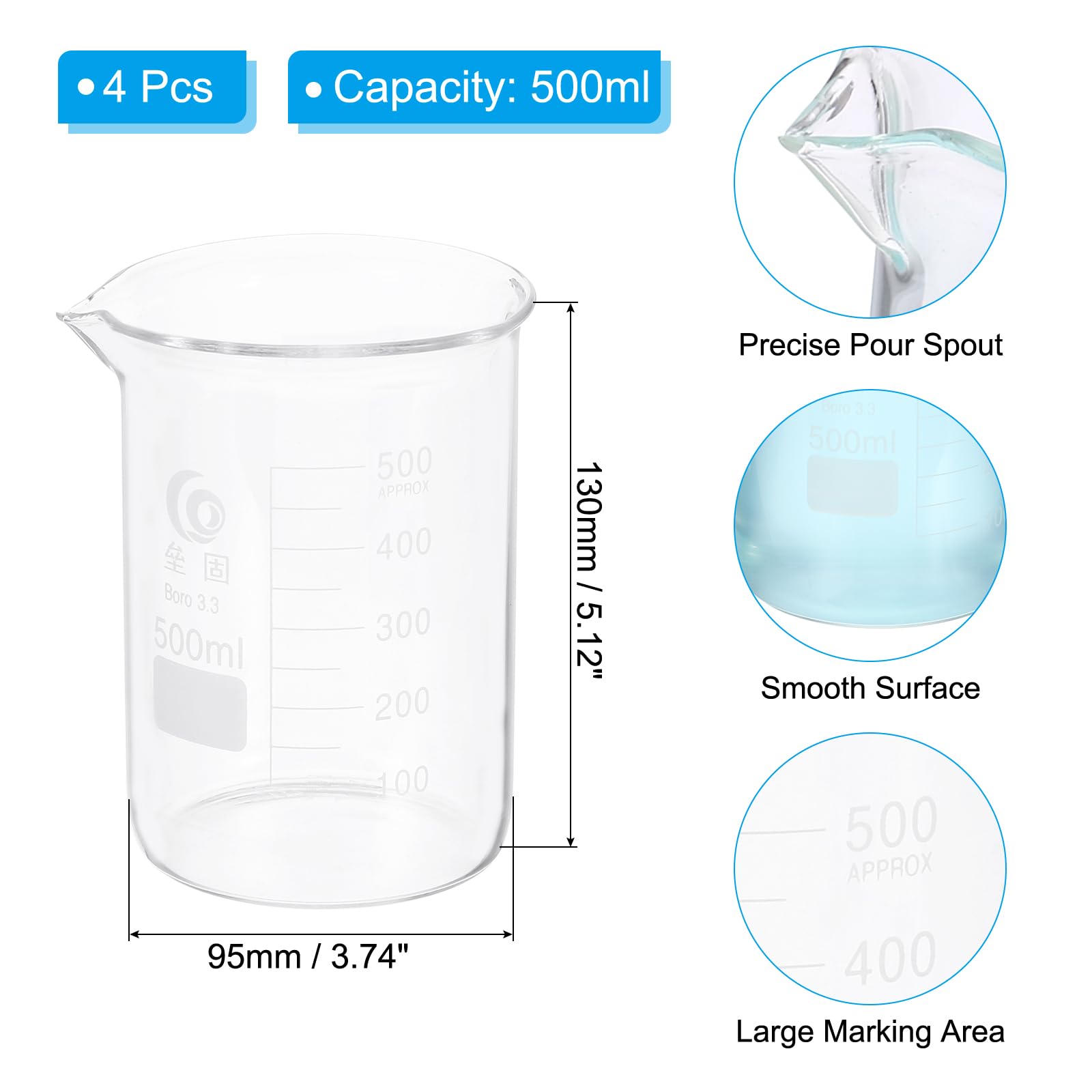 PATIKIL 500ml Vaso Bajo, 4Pcs Vasos De Borosilicato 3.3 Taza Medición Graduada Con Pico Experimentos Laboratorio, Cocina Y Repostería, Transparente