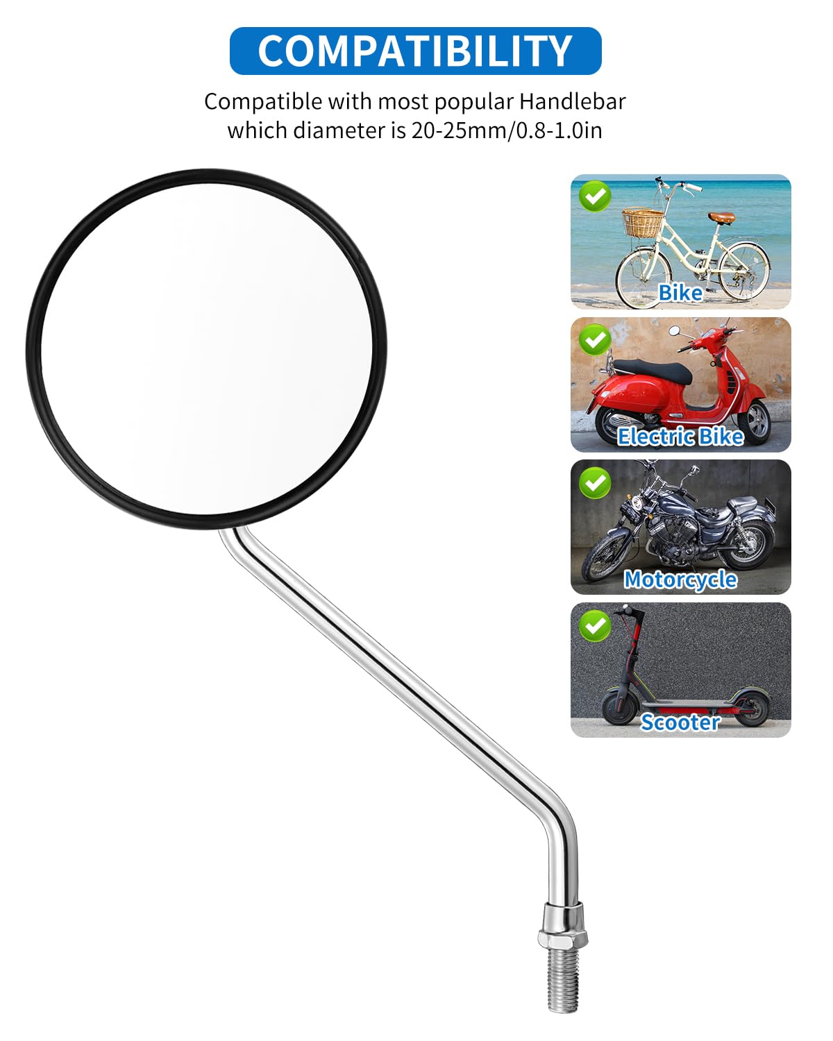 Specchio retrovisore per manubrio bicicletta, universale regolabile rotabile vintage sicuro trasparente per mountain bike, bici da strada, e-bike, motocicletta, scooter (Nero (2 pezzi/10 mm bullone))