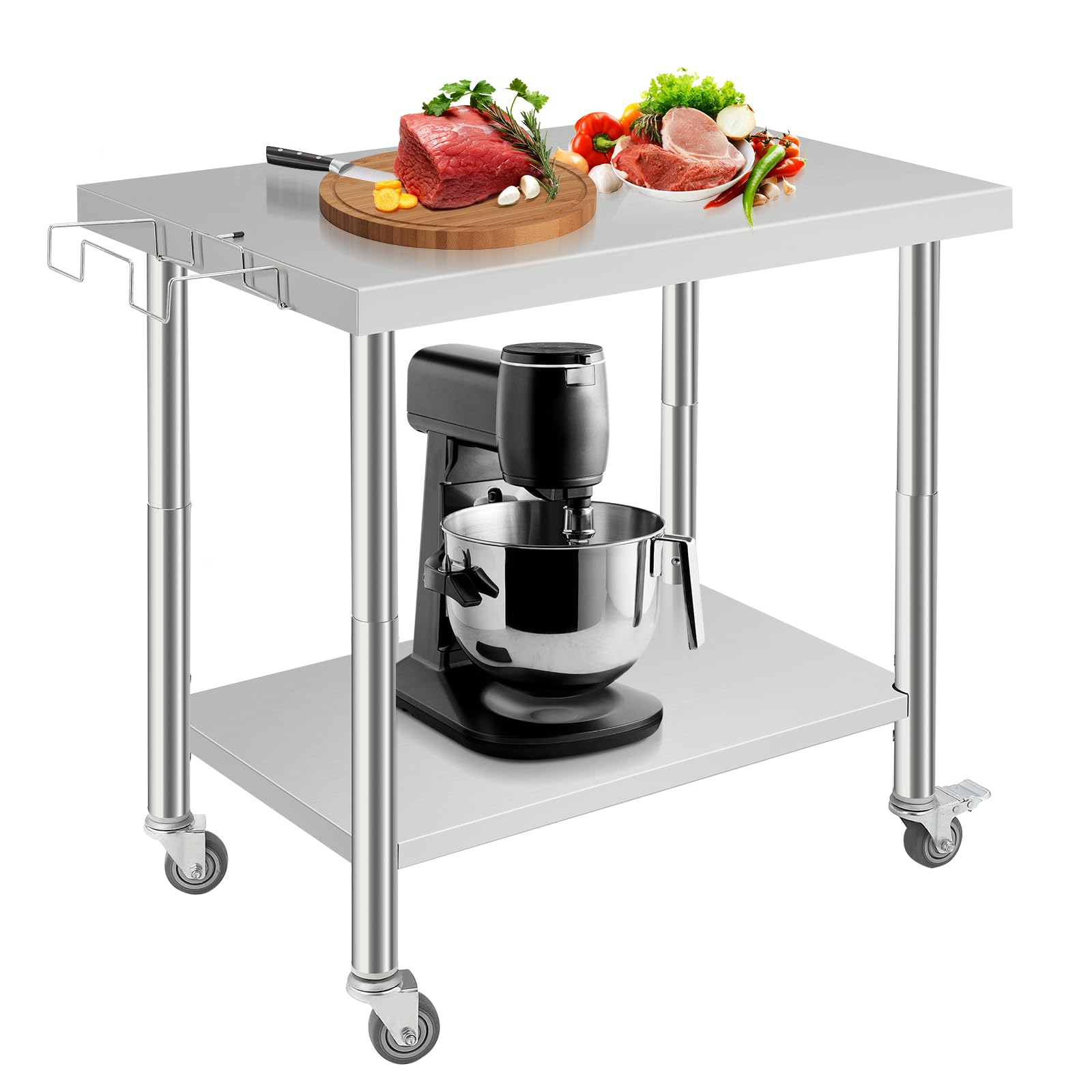 Mesa de preparación de acero inoxidable de 36 x 24 pulgadas, mesas de trabajo comerciales y estaciones de trabajo con soporte extraíble para bolsa de basura, mesa de utilidad de metal con ruedas para