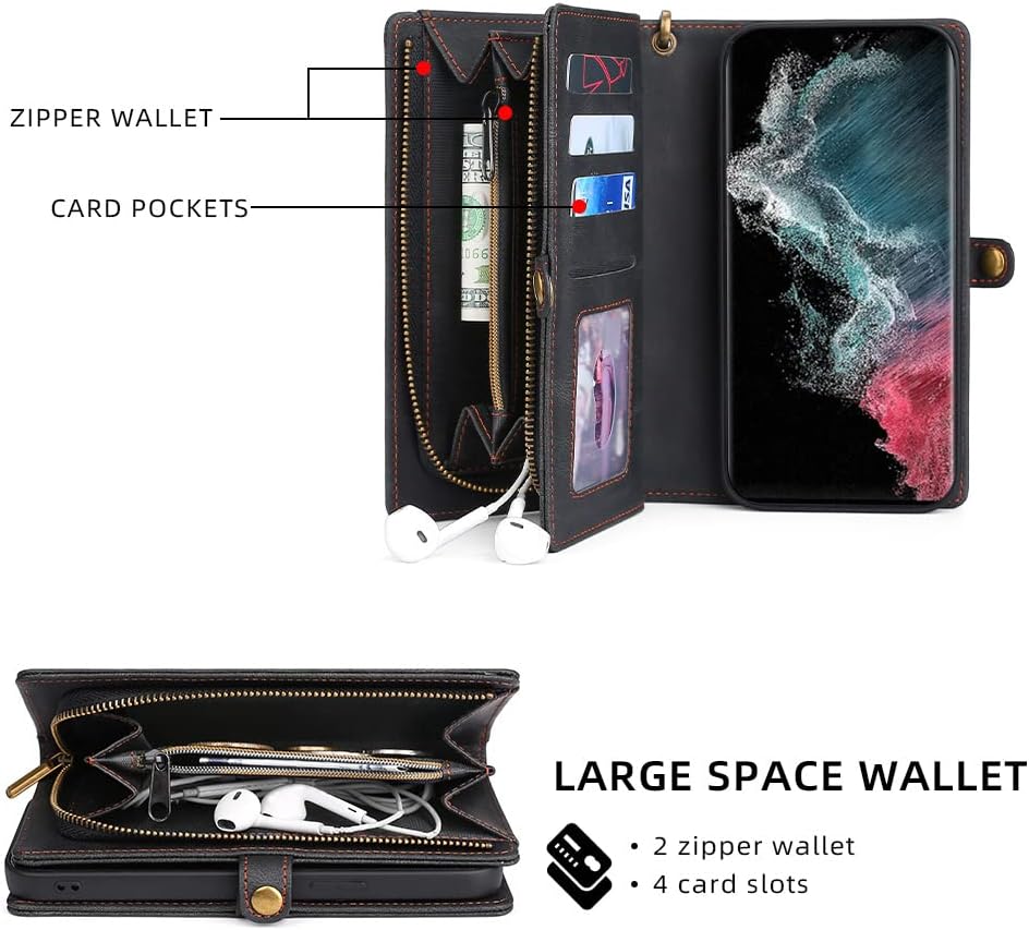 Asuwish Phone Case for Samsung Galaxy S22 Ultra 5G Zipper Wallet Detachable Cover with Screen Protector and Leather Flip Card Holder Cell Accessories S22ultra 22S S 22 S22ultra5g 6.8 Women Men Black